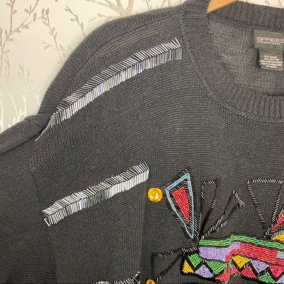 VINTAGE SPREE INT’L Black Sequin 80’s Ramie Cotton Sweater Large - Picture 6 of 11